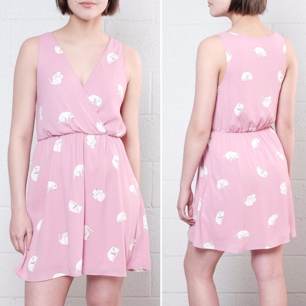 Pink Sleeveless Wrap Dress with Cat Print